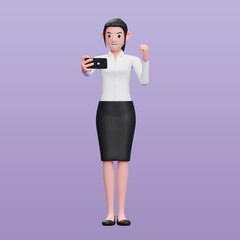 beautiful woman wearing work clothes celebrating while looking at the phone screen, 3d illustration of business woman holding phone