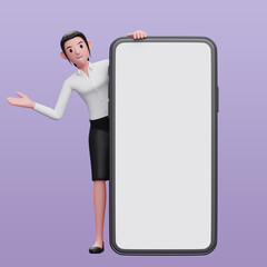 smart girl appears from behind a big phone decoration, 3d illustration of business woman holding phone