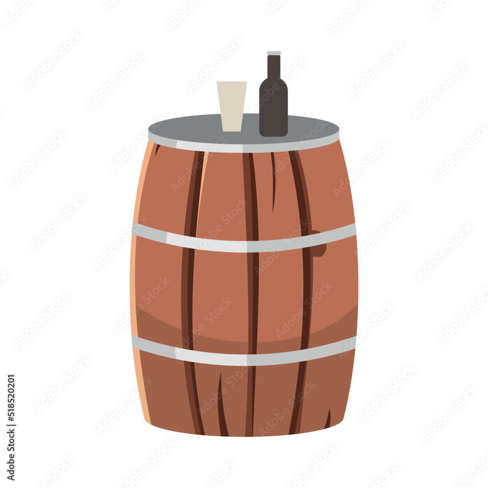 Poster bar table of old barrel semi flat color vector object. rural drinking establishment. full sized item
