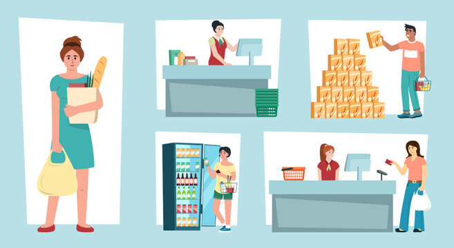 people in supermarket. male and female characters choosing grocery products purchase at checkout to cassier putting food in bags daily routine processes. Vector pictures in flat style