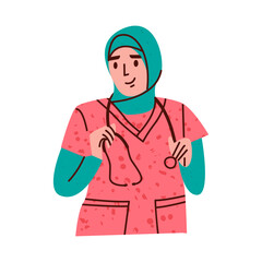 Muslim nurse in hijab. Vector illustration isolated on white background.