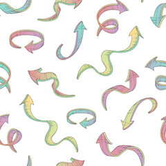 Vector seamless pattern with different colorful sinuous arrows with strokes isolated on white. Hand-drawn arrows for fabric design, decoration of textile, wrapping paper, cover design, packaging.