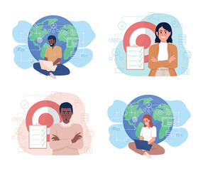 Business specialists 2D vector isolated illustration set. Setting goals flat characters on cartoon background. Working online colourful editable scene for mobile, website, presentation collection