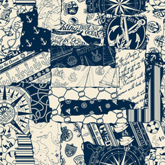 Nautical marine sailing elements patchwork vintage vector seamless pattern