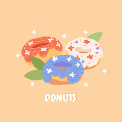 Glazed donuts vector isolated on beige background. Cute, colorful and glossy donuts with icing and multi-colored powder. For the design of recipes, menus, culinary blogs, stationery