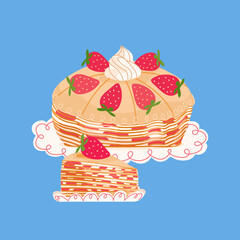 Strawberry Crepe Cake vector isolated on blue background. Sweets illustration for decorating on bakery menu, recipes, culinary blogs, stationery