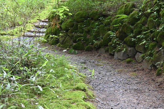 Stone and wooden roads and bridges on the way to the mountains