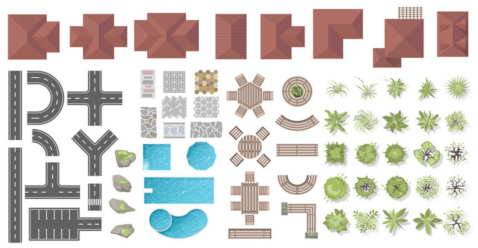 Architectural and Landscape elements top view for town, village. Collection of houses, plants, garden, tree, road element, swimming pool, outdoor furniture, tile. Kit of objects view from above