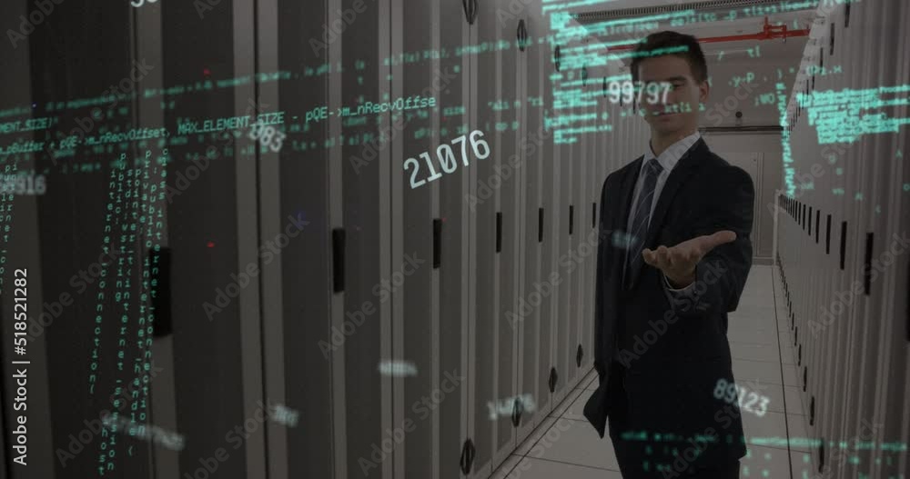 Aufkleber animation of data processing over caucasian server room worker