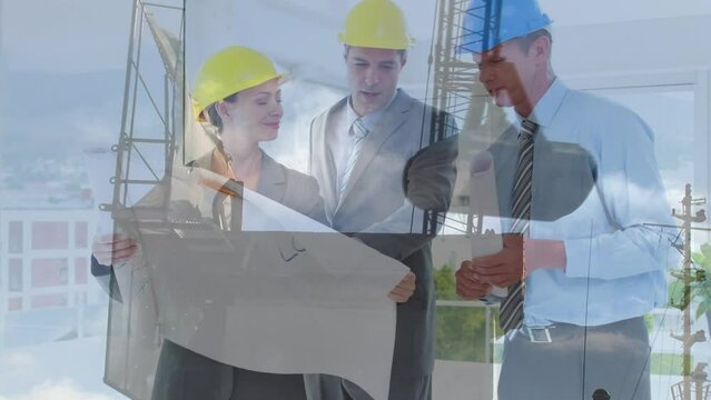 Animation of construction site over diverse architects discussing with plans