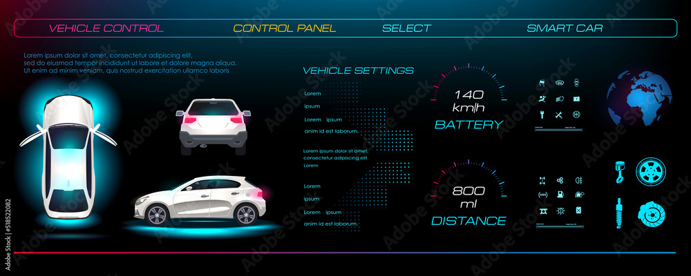 Aufkleber automotive interface. smart car with instrument settings and navigation panel and digital control pa