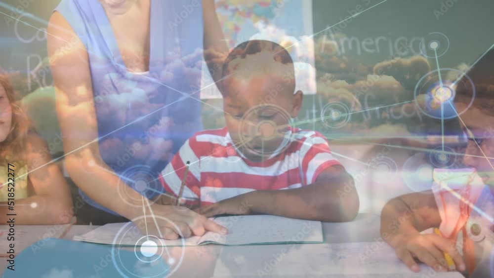 Poster animation of network of connections and clouds over teacher and class of diverse pupils