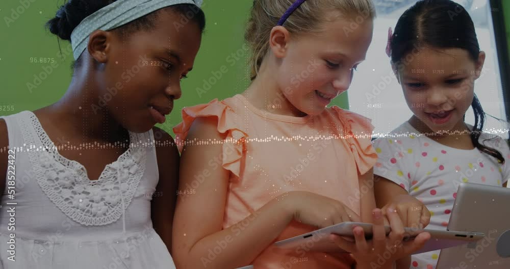 Aufkleber animation of graphs and financial data over diverse girls using tablet in classroom