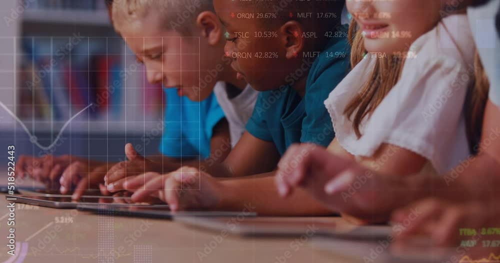 Poster animation of graphs and financial data over diverse pupils using tablets in classroom