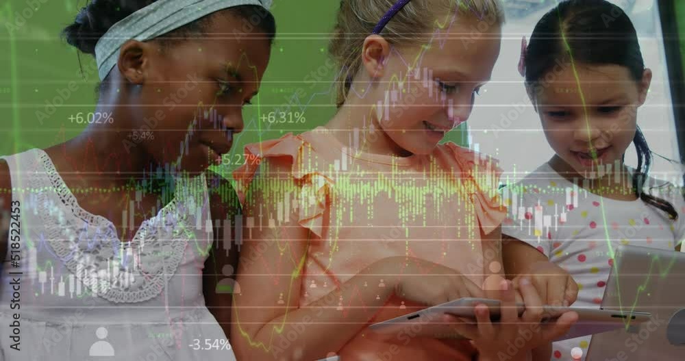 Poster animation of graphs and financial data over diverse girls using tablet in classroom