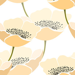 Seamless floral pattern with pink tulips. Cartoon style. Design for fabric, textile, paper. Spring colorful vector illustration, fowers with leaves. Holiday print for Birthday, 8 march