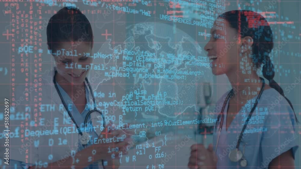 Poster animation of globe and data processing over diverse female doctors smiling at camera