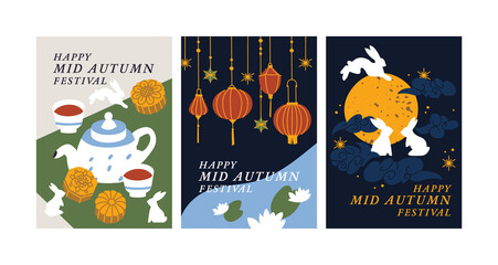 Vector set of backgrounds or posters for Mid Autumn Festival or Mooncake Festival with illustration rabbits and paper lanterns and decoration.