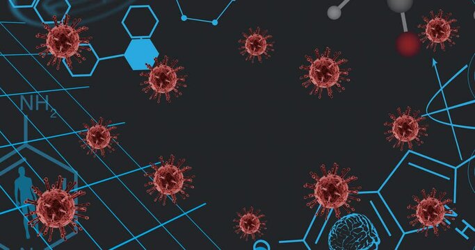 Animation of virus cells and chemical formulas over black background