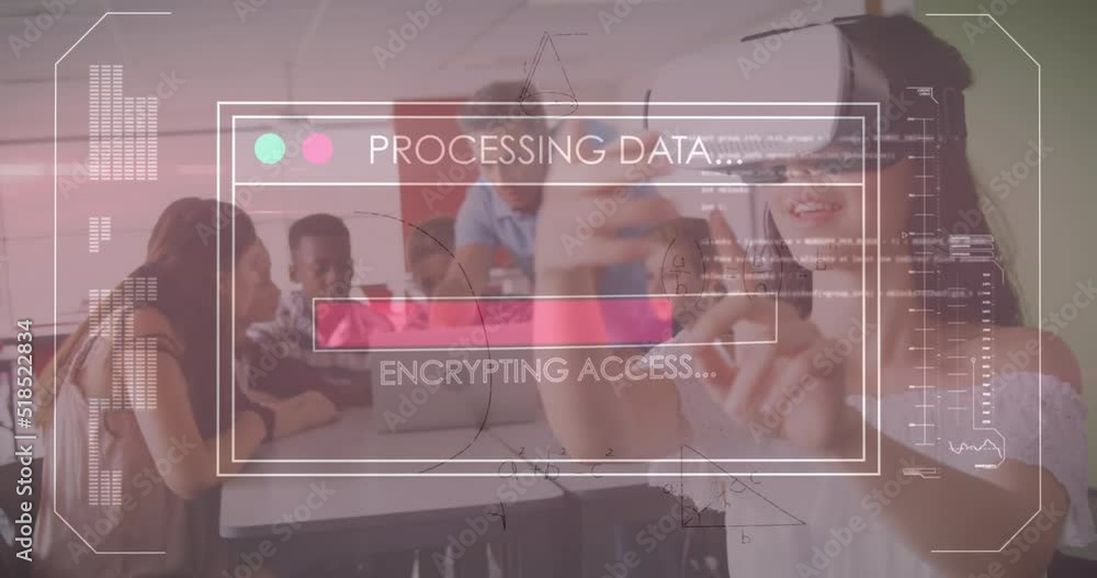 Poster animation of data processing over caucasian girl with vr headset and class of diverse pupils