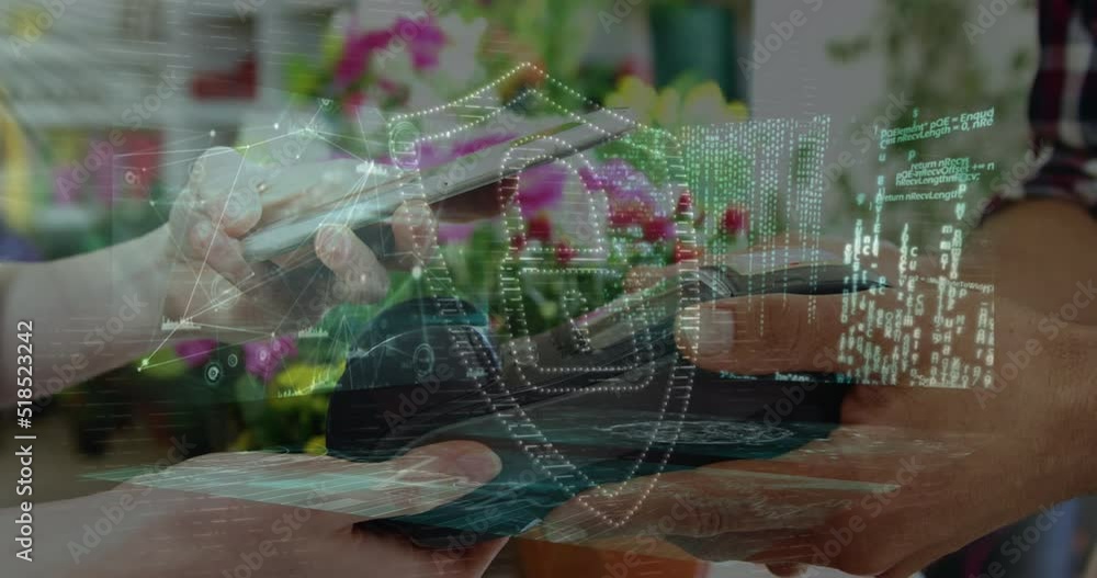 Poster animation of digital interface over people using payment terminal