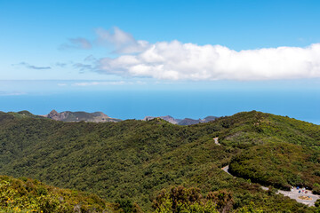 Fototapeta na wymiar Scenic view on the forest in Garajonay National Park. Lookout from summit of Alto de Garajonay, La Gomera, Canary Islands, Spain, Europe. Hiking trail from Roque de Agando. Atlantic Ocean