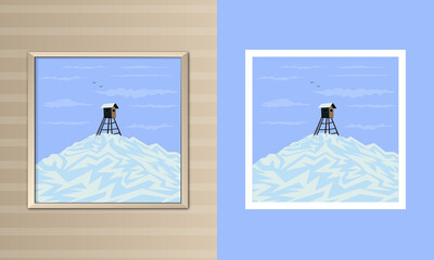 House in the snow mountain wall art illustration.