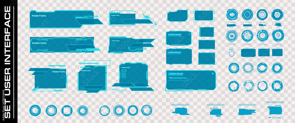 Poster set hud ui elements on a transparent background. futuristic interface with frames, callouts and dial