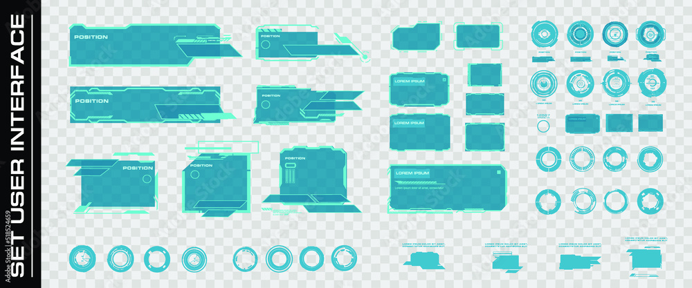 Poster Set HUD UI elements on a transparent background. Futuristic interface with frames, callouts and dialogs. HUD digital interface