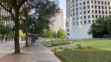 Fototapeta na wymiar HOUSTON, TEXAS - March, 2022: Downtown empty city area.