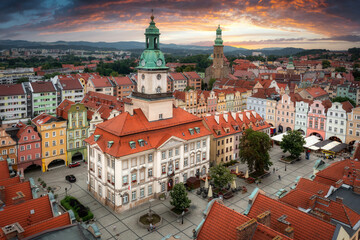 Beautiful architecture of the Town Hall Square in Jelenia Gora at sunset, Poland