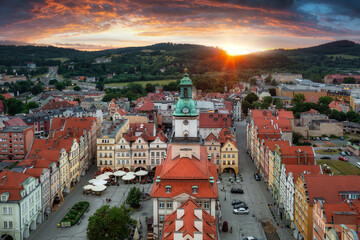 Beautiful architecture of the Town Hall Square in Jelenia Gora at sunset, Poland