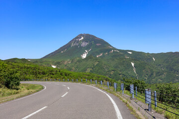 Mt. Rausu looking up from the clear Shiretoko Pass