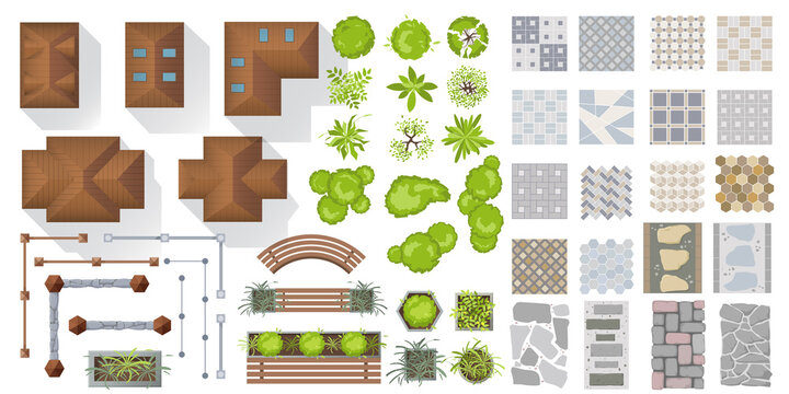 Architectural and Landscape elements top view for town, village. Set of houses, plants, garden, fence, tree, outdoor furniture, tile path for project, plan, map, yard. Collection. View from above