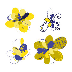 Set of abstract fantasy flowers blue and yellow color. Isolated vector image.