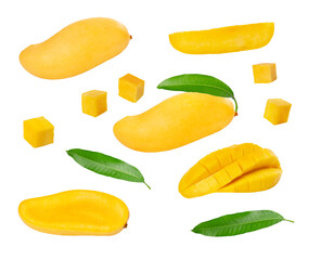 A set of yellow mangoes. Ripe fresh whole and sliced mango with green leaves isolated on white...