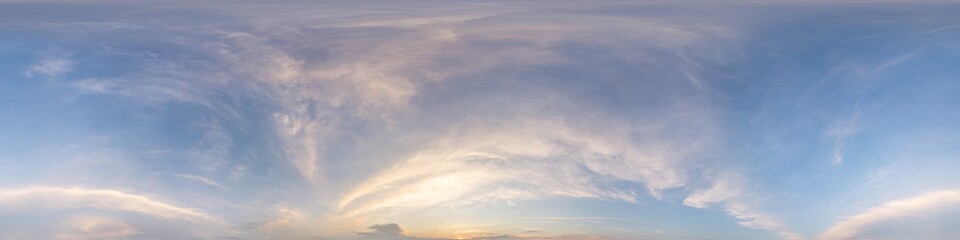 Fototapeta na wymiar Bright sunset sky panorama with Cirrus clouds. Hdr seamless spherical equirectangular 360 panorama. Sky dome or zenith for 3D visualization, game and sky replacement for aerial drone 360 panoramas.