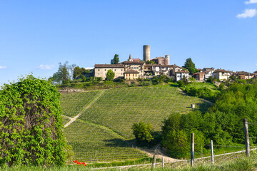Fototapeta na wymiar View of the ancient village with the medieval castle on the top of a vineyard hill in the Langhe wine region, Unesco World Heritage Site, Castiglione Falletto, Cuneo, Piedmont, Italy