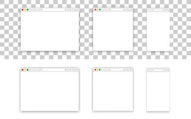 Set of blank web browser window. Realistic blank browser window isolated on transparent. Empty web page mockup.Web window template.