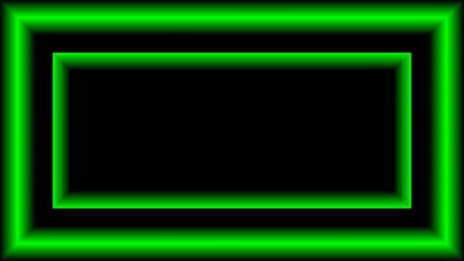 Neon green square frames in black background.