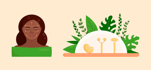 face lifting. Young beautiful woman with facial gua sha stone and roller. Facial yoga. A facial massage with a manual massager. Cosmetologist, skin care and treatment. Anti-aging skin care method