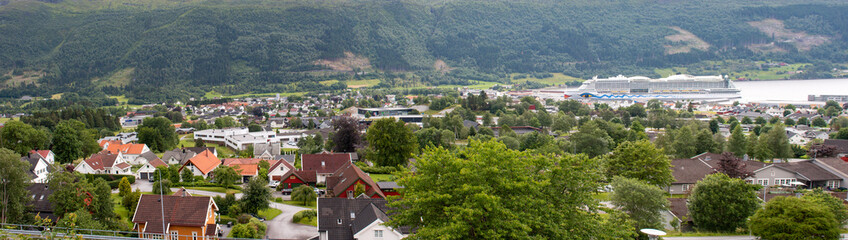 Fototapeta na wymiar Nordfjordeid Panorama view Vestland in Norway (Norwegen, Norge or Noreg)
