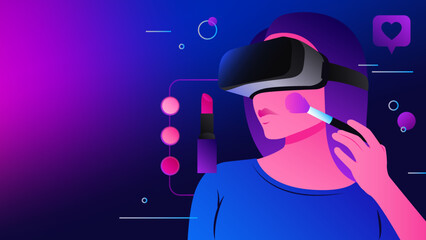 Apply Makeup in Metaverse. Woman doing makeup using VR technology. Vector illustration