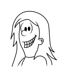Cute smiling girl character with large long hair showing her teeth. Black and white line art cartoon style vector illustration isolated on white background.