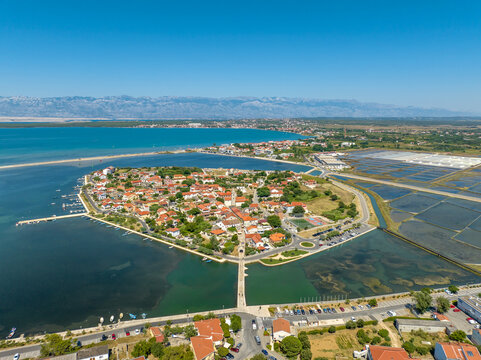 Croatia - The historical Nin city with old downtown from drone view