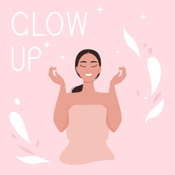 Glow up card. Concept of daily self care and healthy treatment to get glowing beautiful look. Vector illustration. 