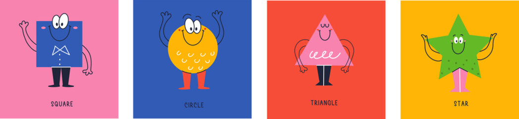 Set of Various bright basic Geometric Figures with face smiling. Cute funny characters. Different shapes. Hand drawn trendy Vector illustration for kids. All elements are isolated