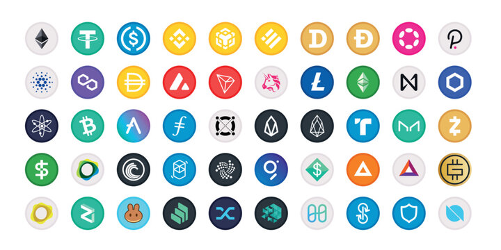 Cryptocurrency symbol, sign, set of vector coins for crypto currency logos. Flat BNB Chain Tokens crypto coins illustrations, isolated on white background. Digital crypto market, electronic money.