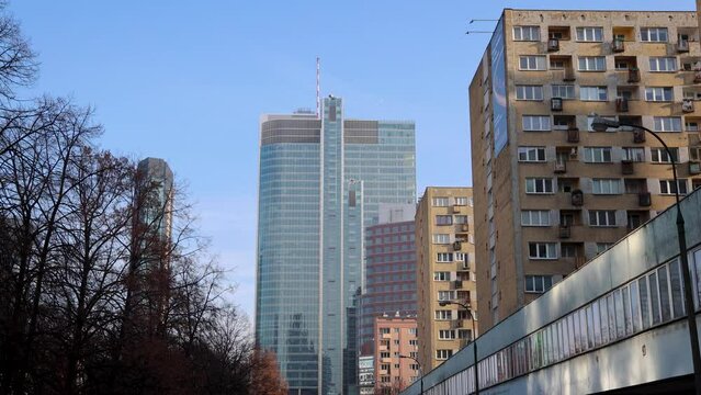 Rondo 1 office building and apartments in Warsaw city, Poland, 4k