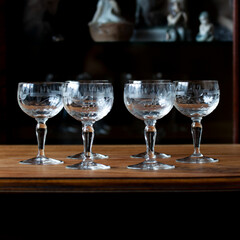 antique transparent glass set of wine glasses in luxury interior. crystal glass with engraving. glass 